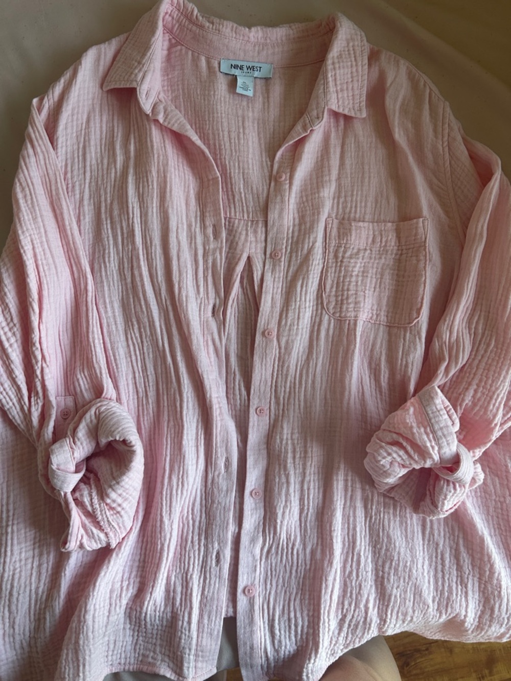 Nine West Light Pink Button-Down Gauze Shirt